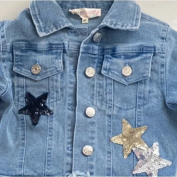 Baby Sara Toddler Jean Jacket Sequins Black, Gold & Silver Stars Size 2T - Picture 3 of 11